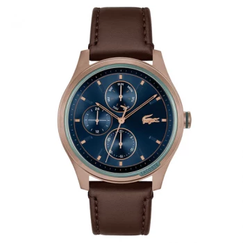 Lacoste Musketeer Brown Leather Blue Sunray Dial Multi-function Men's Watch
