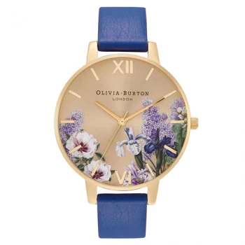 Olivia Burton Secret Garden Big Dial Gold & Navy Eco Vegan Leather Band Women's Watch