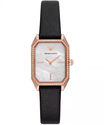 Emporio Armani Two-Hand Black Leather Watch and Rose Gold Stainless Steel Bracelet Set